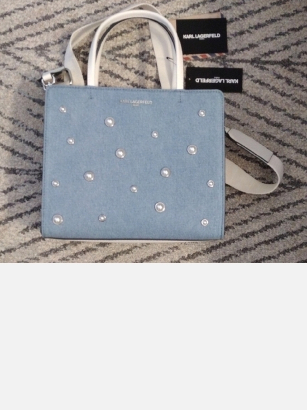 *Entry Only*Karl Lagerfeld Light Blue Denim & Pearls Satchel w/White Handles New